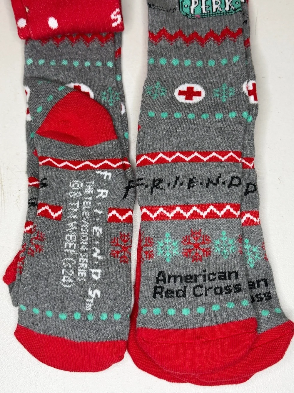 FRIENDS Men's Novelty Crew Socks - Red & Gray with Teal Accents